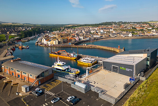 aerial view of a wind turbine port facility